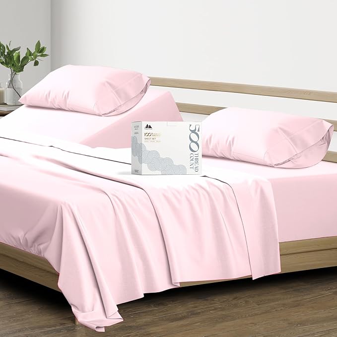 Mayfair Linen 500 Thread Count Split King Sheets Sets for Adjustable Bed - 5 PC Split King Size Bed Sheet Set Cotton (Blush), Soft, Cooling, Sateen Weave 16" Deep Pocket Bedsheet (Fits 18" Mattress)