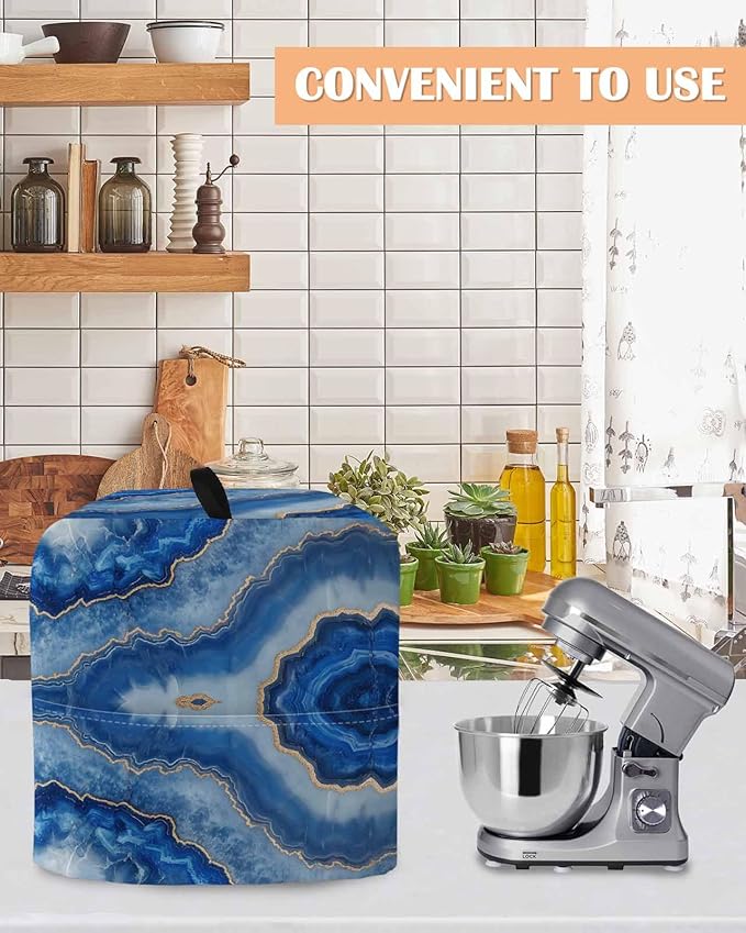 Blue Marble Stand Mixer Dust Cover with Storage Pocket & Handles, Fits All Tilt Head & Bowl Lift Abstract Golden Foil Pattern Kitchen Appliance Cover Organizer Modern Ombre Bag AccessoriesB, 6-8 Quart