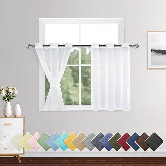 XWZO Sheer Curtains for Bedroom, Light Filtering, Gauzy & Breathable Solid Voile Grommet Window Curtains for Kitchen Room, Farmhouse, Nursery with Tiebacks, White, W42 x L30, Set of 2 Panels
