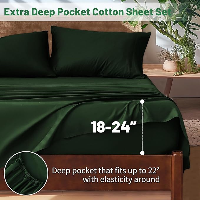 Extra Deep Pocket King Sheets 18-24 Inch 100% Egyptian Cotton 1000 Thread Count Sateen Weave Soft Breathable 4 Pieces（King，Forest Green）