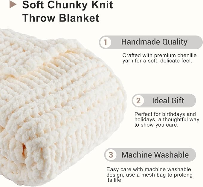 Battilo Cream Chunky Knit Throw Blanket for Couch, Super Soft Chenille Throw Blanket Cozy Warm Thick Ivory White Cable Knitted Blanket for Sofa, Bed, Living Room, 50"x60"