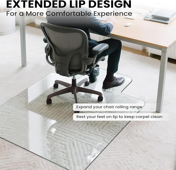 Tempered Glass Chair Mat with Lip, 53" x 45" Heavy-Duty Office Floor Protector for Under-Desk Reach, for Carpet & Hardwood, 1/5" Thick