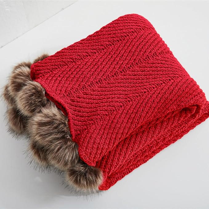 vctops Christmas Fur Pom Pom Knit Throw Blanket Super Soft Warm Cozy Cable Knitted Blanket for Sofa and Couch 51 x 63 Inch Red