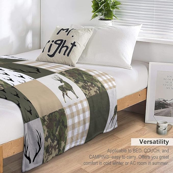 Camouflage Deer Blanket, Vintage Camo Green Beige Plaid Rustic Cabin Wildlife Hunting Blankets for Mens Room Bed Sofa, 50"x60"