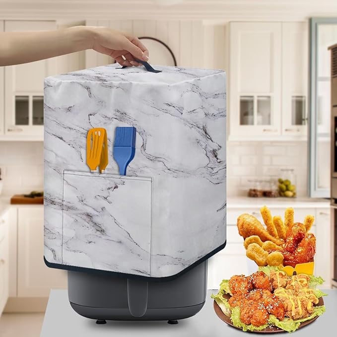 Air Fryer Cover Dust Cover, Dust Protection Insulated Kitchen Appliance Cover with Top Handle and Front Pockets for Women Gift, White Marble