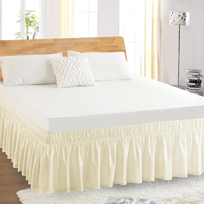 Queen Bed Skirt, Elastic Wrap Around Bed Skirt Queen Size, Bed Skirts for Adjustable Bed, Easy Fit with 14" Drop Length Tailored Drop Dust Ruffle (Light Yellow)