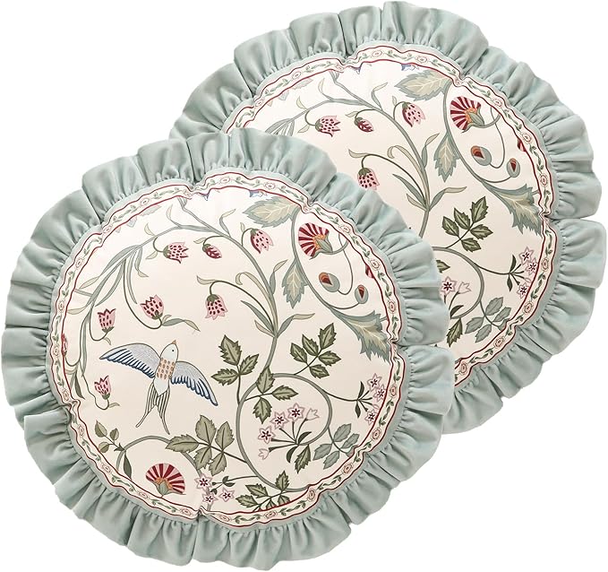 Round Throw Pillow Covers Pack of 2,Green Cozy Velvet Farmhouse with Birds and Floral Pattern Pillowcases,Decoration Pillows Cushion Covers for Couch Sofa Bed Car Chair,Diameter 16"