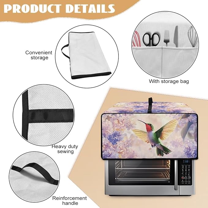 Hummingbird Hydrangea Floral Print Dust Cover for Microwave Oven Waterproof Heavy Duty Microwave Oven Cloth Cover with Storage Pockets Kitchen Appliance Protector, S
