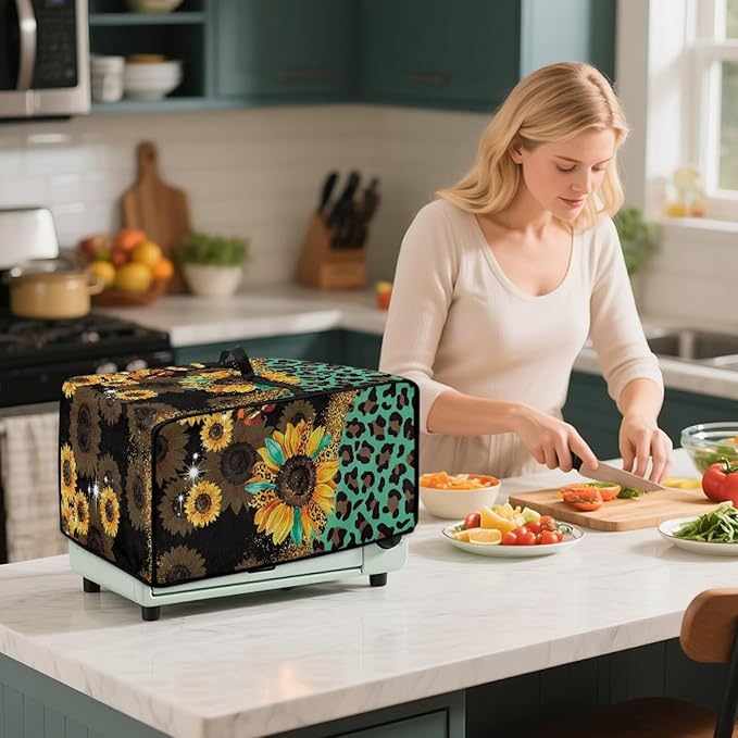 Toaster Oven Protective Cover with Side Pockets, Dustproof Smart Microwave Oven Protector for Kitchen Countertop, L, 18.5 x 22.5 x 13 Inches, Sunflower Leopard Print