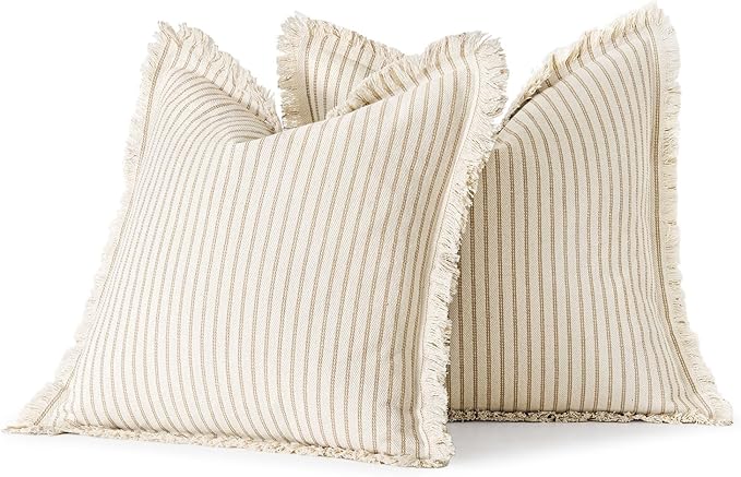 MIULEE Pack of 2 Khaki Pillow Covers 26x26 Inch Striped Farmhouse Couch Throw Pillow Covers with Fringe Chic Linen Decorative Cushion Eruo Sham for Sofa Living Room Bed Outdoor Home Decor