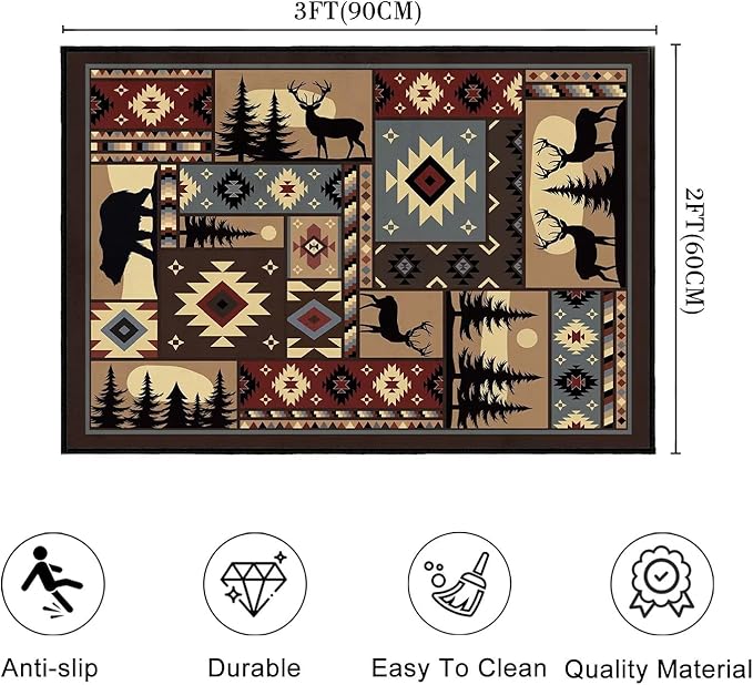 Rustic Rug 2x3 Washable Area Rugs,Buffalo Plaid Bear Moose Deer Country,Cabin Wildlife Entrance Rug Small Throw Carpet Vintage Floor Carpets Non Slip Indoor Door Mat for Entryway,Front Door,Kitchen