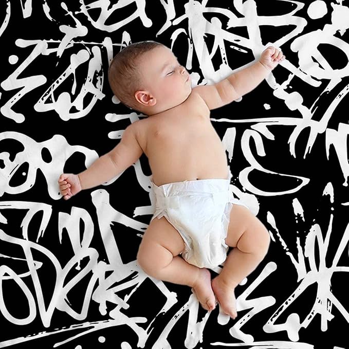 Mugod Black White Pattern Throw Blanket Graffiti Seamless Pattern with Abstract Tags Letters Decorative Soft Warm Cozy Flannel Plush Throws Blankets for Baby Toddler Dog Cat 30 X 40 Inch
