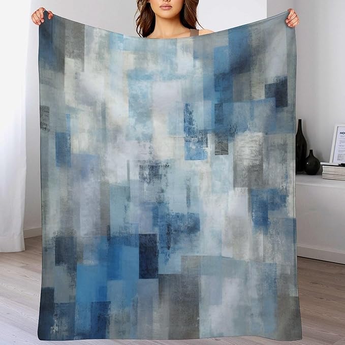Fashion Gradient Blanket, Modern Art Abstract Blue Grey Check Painting Strokes Pattern Soft Warm Cozy Plush Flannel Covers for Livingroom Bedroom Couch Chair Camping Travel Home Decor Tapestry 30x40in