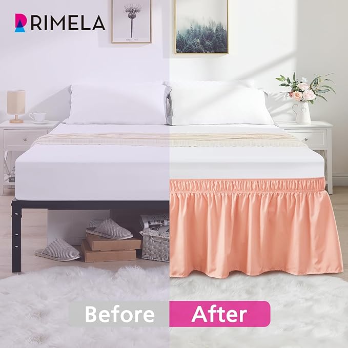 RIMELA Peachy Coral Bed Skirt King Size 18 Inch Drop, Elastic Bed Skirting for Bed Base and Frame, Bedding Dust Ruffle Easy to Install, Wrap Around Adjustable Bedskirt