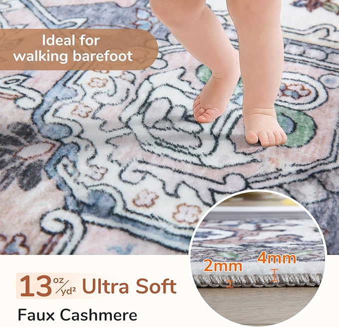 OPPODREAM Thin Area Rugs 5x7, 5x7 Washable Rug with Non Slip Backing, 5 x 7 Faux Cashmere Low-Pile Carpet, Purple & Green & Cream