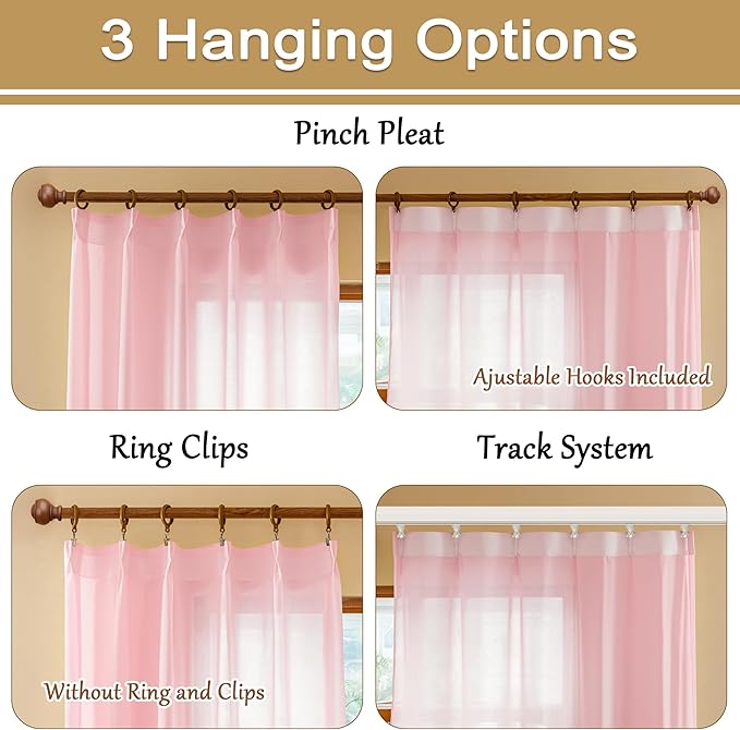 MAIHER Pink Pleated Sheer Curtains 96 Inches Long for Girls Bedroom Light Filtering Soft Touch Textured Pinch Pleat Drapes with Ajustable Hooks, Pink, 42" W x 96" L, 2 Panels