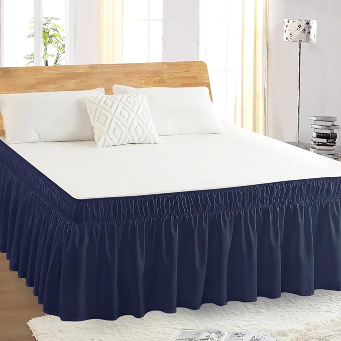 King Bed Skirt, Elastic Wrap Around Bed Skirt King Size, Bed Skirts for Adjustable Bed, Easy Fit with 18" Drop Length Tailored Drop Dust Ruffle (Navy)