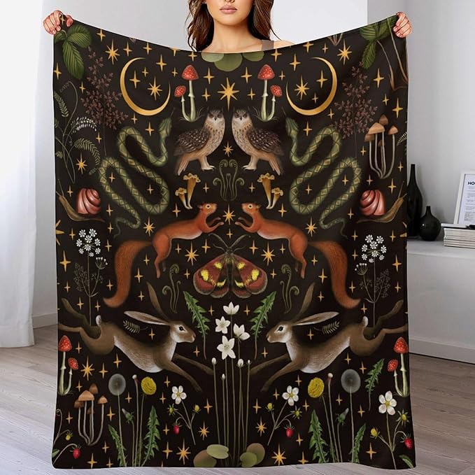 Rustic Forest Throw Blanket, Fairy Tale Forest Land Wild Animals Moths Flowers Moon Star Soft Flannal Blanket for Adult Kids Bed Couch Sofa, 60"x80"