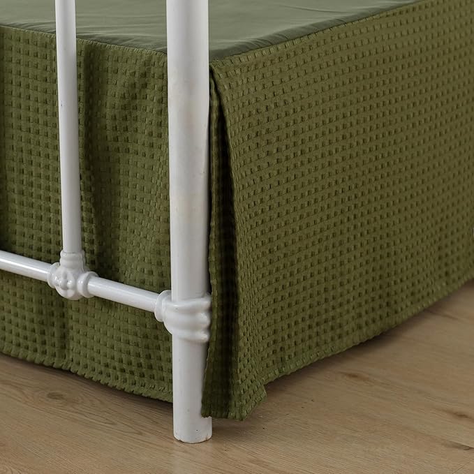Queen Bed Skirt, Pleated Waffle Weave Bed Skirt with Split Corners, Tailored Dust Ruffle 12 Inch Drop Easy Fit, Machine Washable (Green, Queen - 12" Drop)