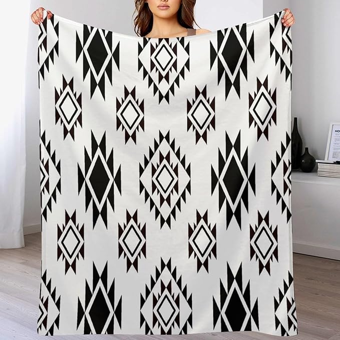 Boho Throw Blanket, Black and White Native Blankets, Vintage Tribal Aztec Printed Flannel Blanket for Chair Bed Sofa Couch 60"x80"