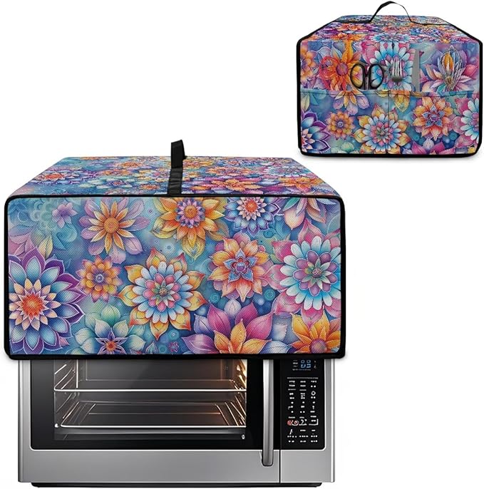 Boho Mandala Floral Print Microwave Oven Dust Cover with Storage Bags Universal Toaster Oven Cover Waterproof Polyester-Linen Fabric Kitchen Appliance Protector, L