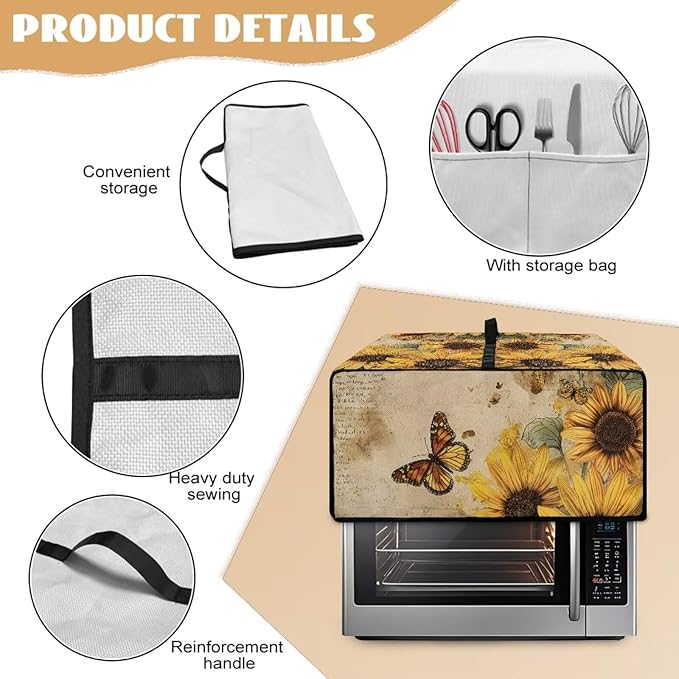 Microwave Oven Dust Cover Dust-Proof Sturdy Microwave Oven Cloth Cover Waterproof Kitchen Appliance Protector Suitable for Most Microwave Ovens, Vintage Sunflower Butterfly Letter Print, M