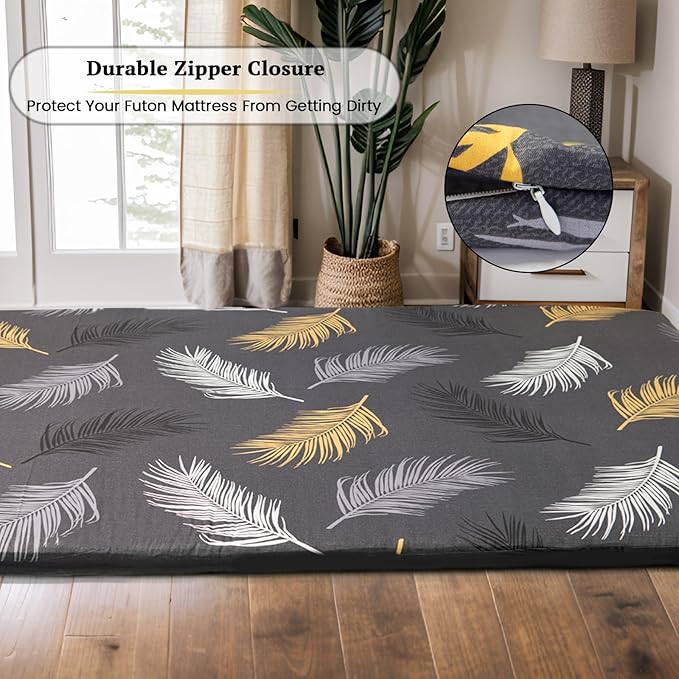 ZonLi Futon Mattress Cover Full Size for Traditional Japanese Floor Futon Mattress with Zipper,Tatami Floor Sleeping Mat Cover,Super Soft and Machine Washable (58''x84'', Tropic Leaves)