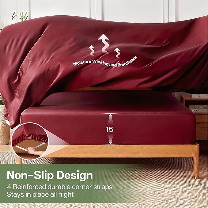 MR&HM King Fitted Sheet Only, Ultra-Soft Rayon Derived from Bamboo & Polyester Blend, Silky & Breathable, 15" Deep Pocket with Elastic Straps, Cooling Fitted Sheet for Hot Sleepers, Burgundy