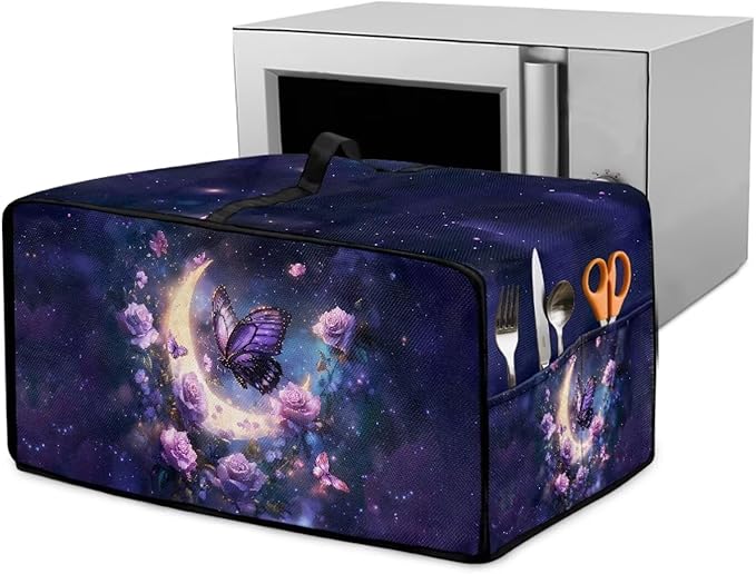 Gorgeous Butterfly Rose Moon Print Microwave Oven Cover Dust-Proof Microwave Oven Grill Cover Protector Kitchen Appliance Protector Dirt and Fingerprint Protection, L