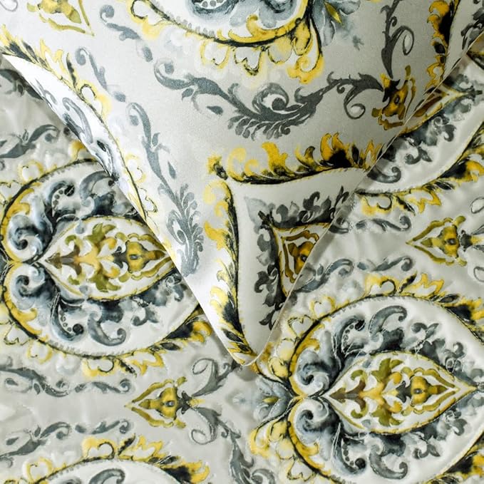 The HomeCentric King/Queen/Twin Grey & Yellow Designer Twin 53"x18" Bed Runner with 2 Pillow Cover, Quilted, Damask & Tassels Bed Scarf on Jacquard Fabric - Flamey Damask