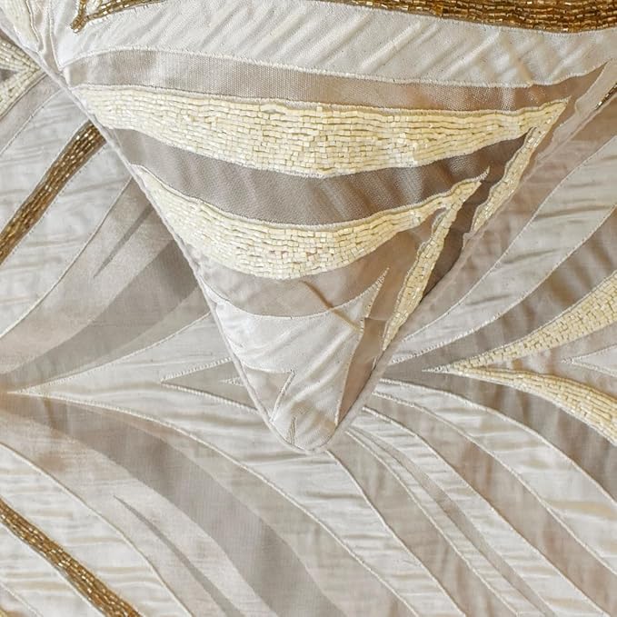The HomeCentric King/Queen/Twin Ivory Luxury King 90"x18" Bed Runner with Two Pillow Cover, Bead Hand Embroidery Bed Scarf on Jacquard Fabric - Clarissa Serene