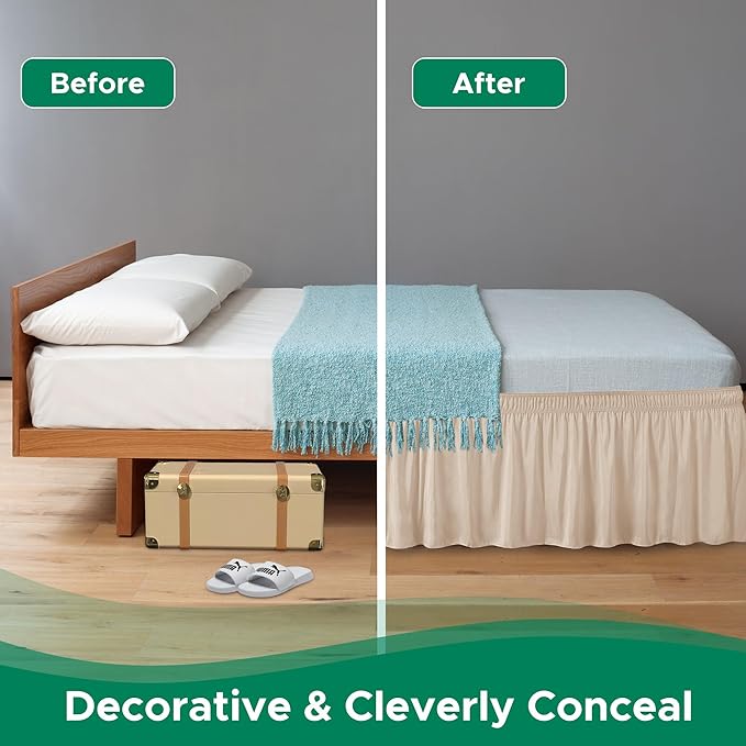 Biscaynebay Wrap Around Bed Skirts for King & Cal King Beds 19" Long Drop, Sand Adjustable Elastic Dust Ruffles Easy Fit Wrinkle Resistant Silky Luxurious Fabric Machine Washable