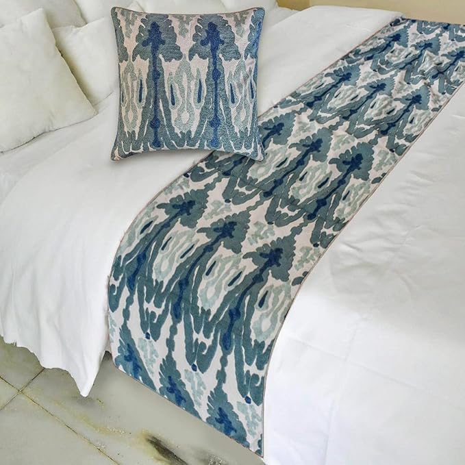 The HomeCentric Blue Bed Runner for King/Queen/Twin Cotton Decorative Bed Scarf 53"x18" Bed Runner Without Pillow Cover, Abstract & Ikat Bed Scarf Bedroom Décor Accent - Blue Mirage