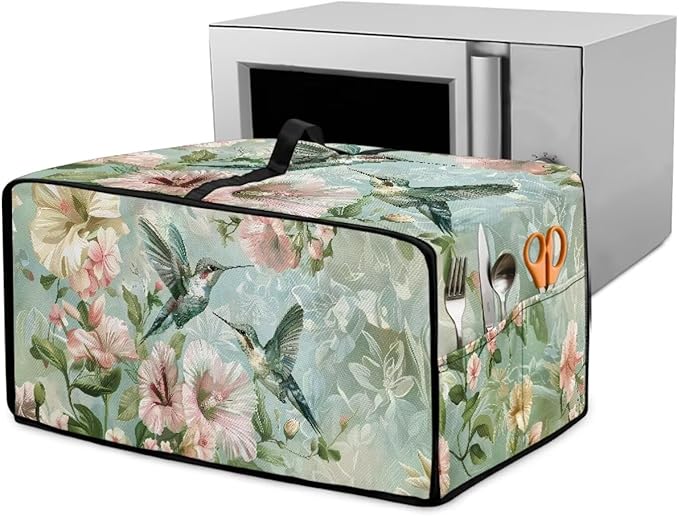 Air Fryer Toaster Oven Dust Cover Protective Convection Oven Cover with Pockets and Handle for Kitchen Countertop, L, 18.5 x 22.5 x 13 Inches, Retro Hummingbird Hibiscus Flower Green
