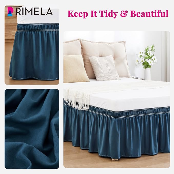 RIMELA Dusty Navy Bed Skirt Queen Size 18 Inch Drop, Wrap Around Elastic Bedskirt, Dust Ruffle for Adjustable Bed Base Machine Washable Easy to Install Bed Skirts