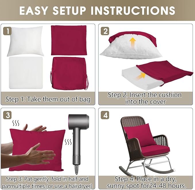 Outdoor Seat Cushion Set 22 x 22 In, Water-Resistant & Fade-Resistan, Patio Furniture Cushions with Removable Cover Deep Seat & Back Cushion with Handle and Adjustable Straps for Chair Sofa,2PC