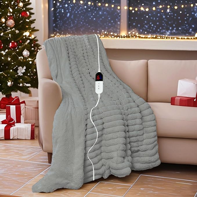 Heated Electric Blanket Throw: 6-Level Fast Heating, 4-Hour Auto-Off, Soft&Warm Stripe Faux Rabbit Fur, for Couch Home Office, with Overheating Protection & ETL Certified(50 x 60,Gray)