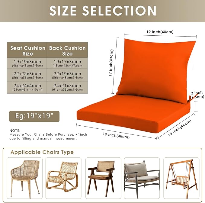 Outdoor Seat Cushion Set 22 x 22 In, Water-Resistant & Fade-Resistan, Patio Furniture Cushions with Removable Cover Deep Seat & Back Cushion with Handle and Adjustable Straps for Chair Sofa,2PC