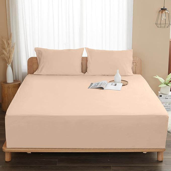 Sunflower Queen Fitted Sheet, 1-Piece Extra Deep Pocket Fitted Bottom Sheet 22", 100% Cotton Sateen Soft Breathable, Light Khaki