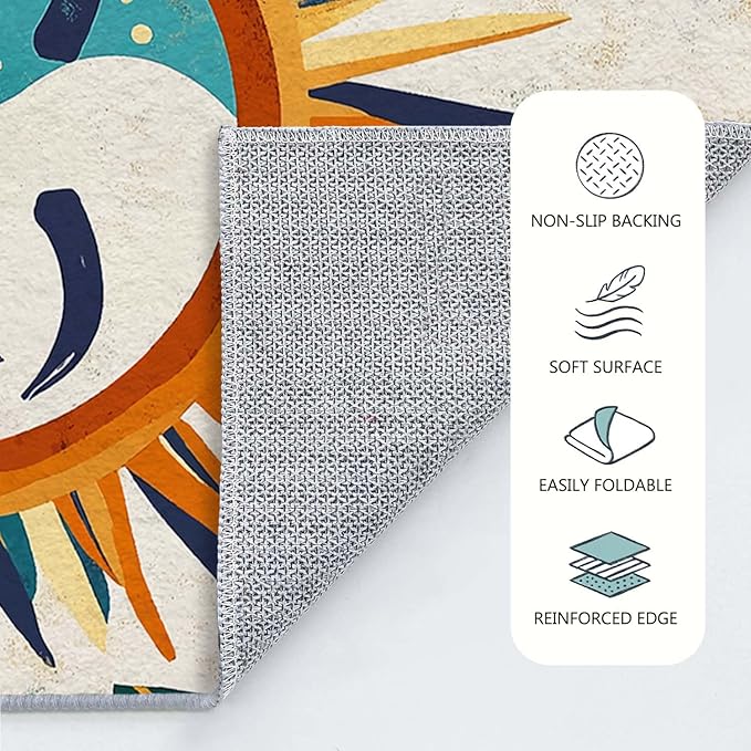 6x9 Sun and Moon Area Rug Leaf Orange Yellow Blue Beige Rug Non Slip Low Pile Large Carpet for Home Kitchen Living Room Bedroom Dining Room Office