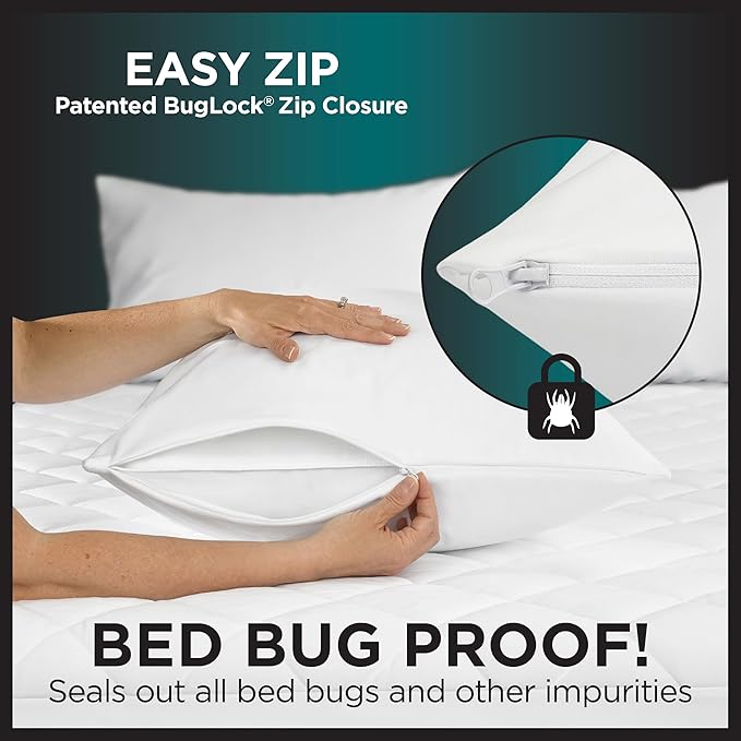Protect-A-Bed AllerZip Standard 20" x 26" Pillow Protectors (Set of 2), Bed Bug and Dust Mite Proof, Noiseless and Odor-Resistant Pillow Covers, 100% Waterproof, Machine Washable