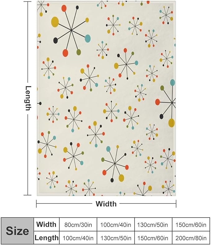 Mid Century Throw Blanket, Retro Abstract Geometric Pattern Boho 1950s 1960s Iconic Atomic Starbursts Modern Sputnik Print Blanket for Couch Sofa Bed Decorative Gifts 30"x40"