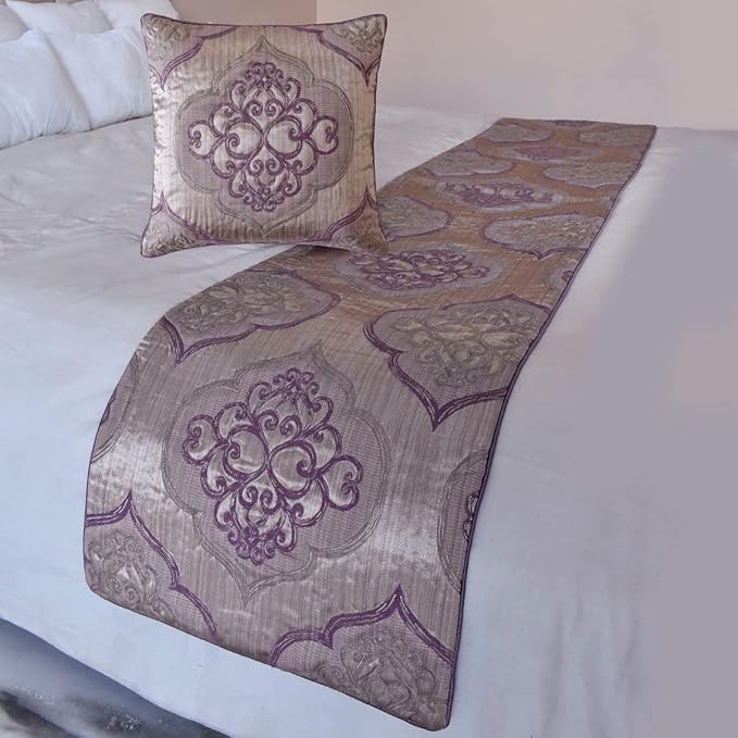The HomeCentric King/Queen/Twin Purple Decorative King 90"x18" Bed Runner with 2 Pillow Cover, Damask & Quilted Bed Scarf on Jacquard Fabric - Embre Purple