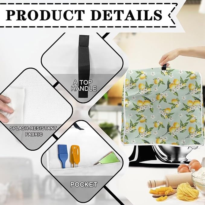 Lemon Mixer Cover for Kitchen Aid 6-8 Quart Stand Mixers, Universal Kitchen Appliance Dust Cover Washable Dustproof Cloth Cover with Pocket for Kitchenware Gift for Holiday