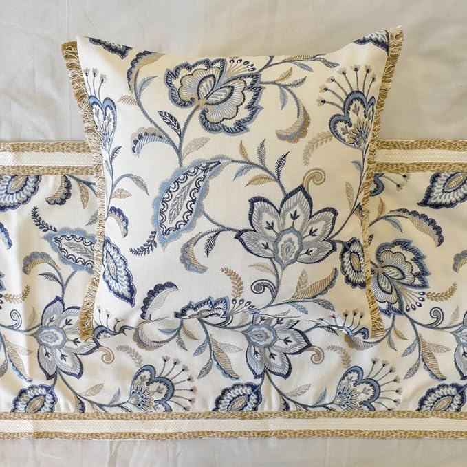 The HomeCentric King/Queen/Twin Blue Designer Full 68"x18" Bed Runner with 2 Pillow Cover, Floral, Embroidered, Jute Lace & Lace Bed Scarf on Cotton Fabric - Morning Glories