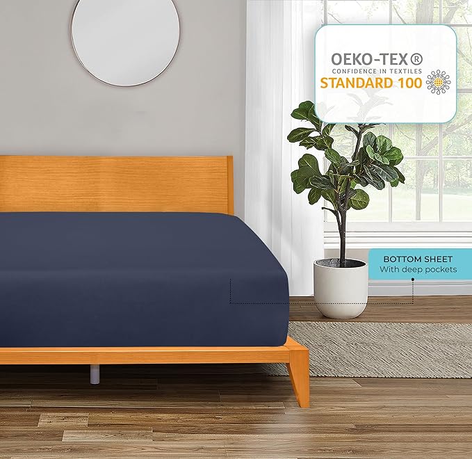 ROYALE LINENS 300 Thread Count 100% Long Staple Combed Cotton Fitted Sheet Queen - Super Soft Deep Pocket Bottom Sheet - Fitted Sheets Only - Elastic Sheets (Queen, Navy)
