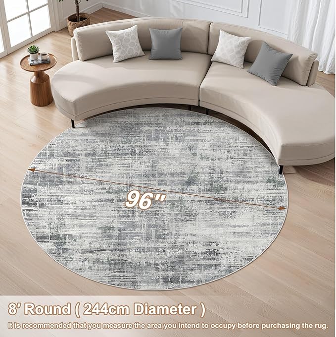 8ft Round Area Rug for Living Room: 8x8 Washable Neutral Abstract Modern Soft Rugs Non Slip Indoor Floor Stain Resistant Carpet for Bedroom Dining Room Office Nursery - Gray