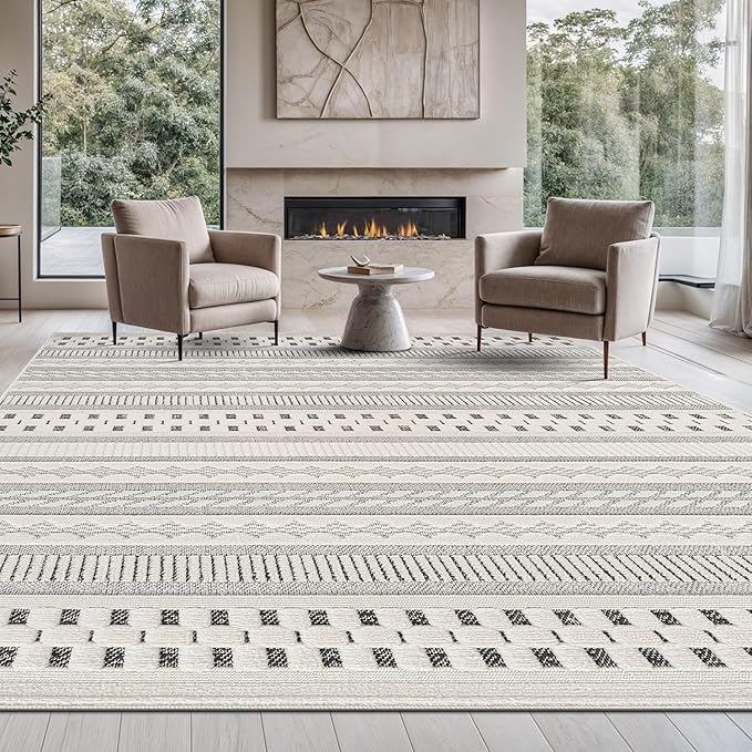 Beverly Rug Micro Loop Area Rug Gray/White 9x12 Geometric Modern Scandinavian Striped Durable Soft Indoor Rugs for Living Dining Room Office Stain Resistant Non Shedding Casual Indoor Carpet 9 x 12