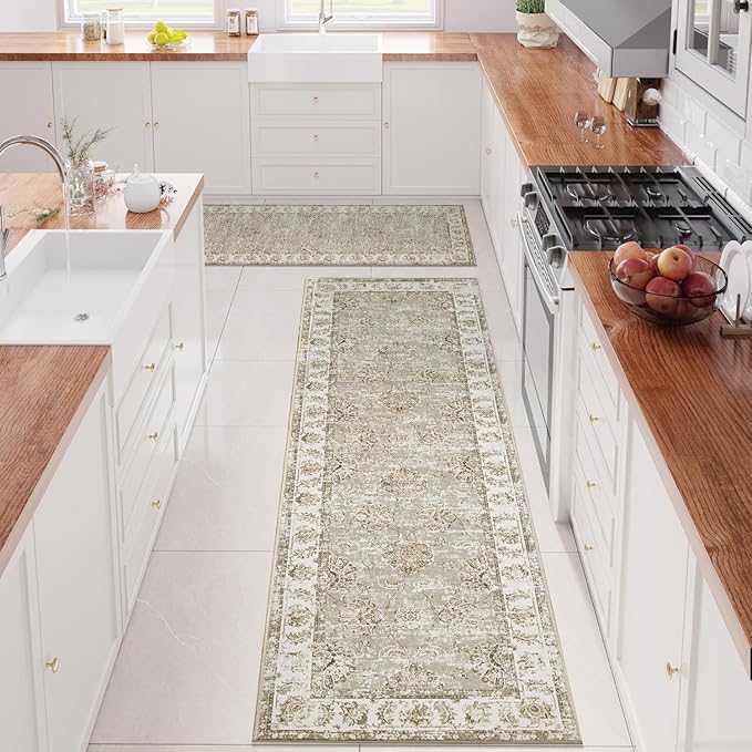 jinchan Fiora Runner Rug 3x10-2pcs Kitchen Washable Vintage Hallway Rug Floral Print Floor Cover Indoor Thin Retro Mat Accent for Bathroom Laundry Room Bedroom Office Farmhouse (Double, Taupe)