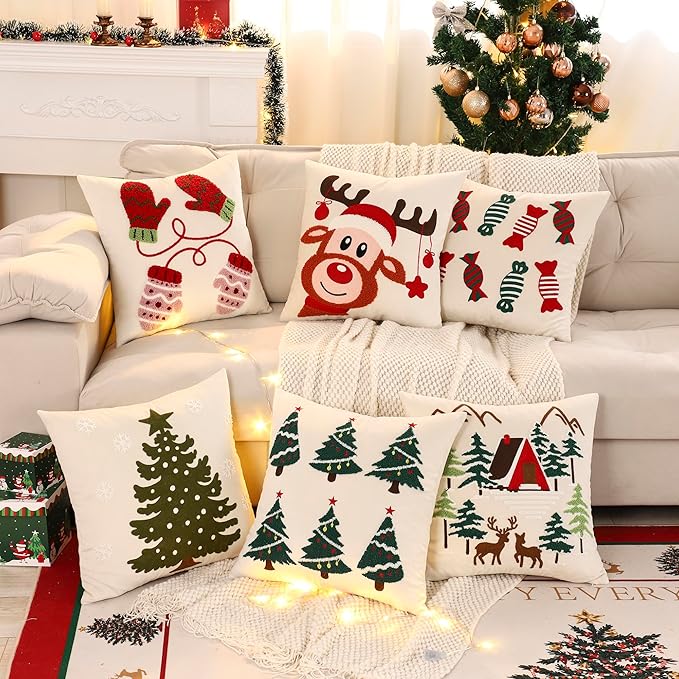LUOYEHK Christmas Pillow Covers 18x18 Set of 2 Cute Gloves Decorative Beige Pillow Cases Winter Holiday Velvet Embroidered Cushion Covers for Couch Sofa Bed